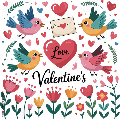 Cute Love Birds Delivering Valentine's Day Hearts and Flowers Vector Illustration