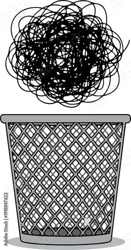 Discarding Tangled Scribble into Trash Bin Mental Health Therapy Concept