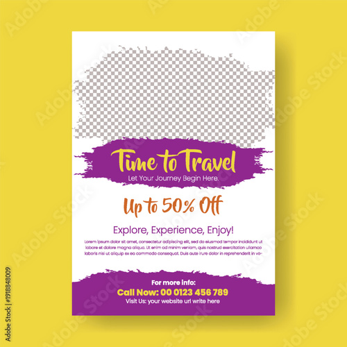 travel agency A4 print ready travel poster flyer vector template for summer holiday promotion, tour poster leaflet and brochure cover design for tourism marketing advertising
