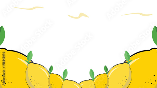 Bright yellow lemons with green leaves border a white space for text, ideal for summer themes and citrus advertising