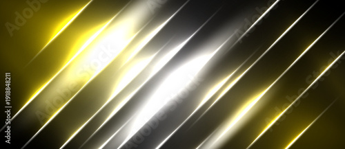 Abstract design features diagonal lines, gold, silver, white hues. Bright light creates dynamic, modern visual effect.