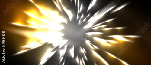 Bright explosion radiates outward. Golden, white light bursts from central point against black background. Dynamic energy visible.