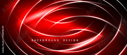 Abstract red design features glowing lines, curves, circles. Dark background enhances vibrant energy, modern aesthetic.