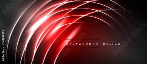 Abstract red neon lines create dynamic curved shapes. Dark background emphasizes bright glowing effect, modern design element.