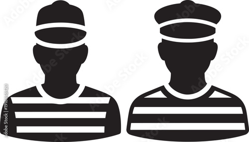 Prisoner Icons: Pair of Black Silhouettes of Individuals in Striped Uniforms and Caps, Representing Incarceration or Uniformity