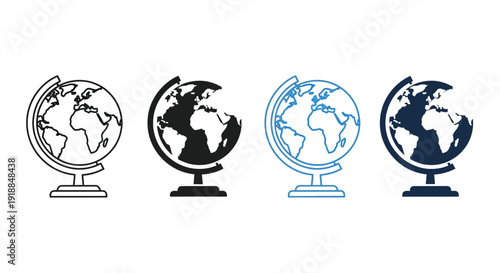 Collection of four distinct globe icons representing geography education travel and global concepts in various contrasting styles and colors