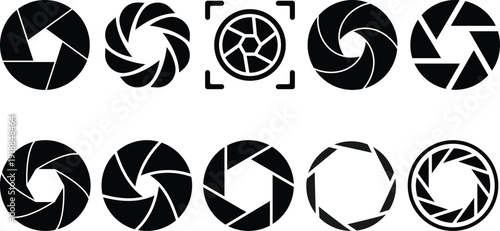 Camera shutter icons set. Camera lens diaphragm. camera shutter and camera lens icon collection. Black white style. lens aperture. Optical photography photography lens icons. vector illustration
