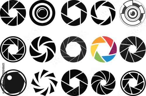 Camera shutter icons set. Camera lens diaphragm. camera shutter and camera lens icon collection. Black white style. lens aperture. Optical photography photography lens icons. vector illustration