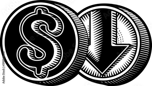 Dollar and Downward Arrow Symbols on Coins Illustration