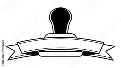 A black rubber stamp with a ribbon banner for customizable text displayed prominently