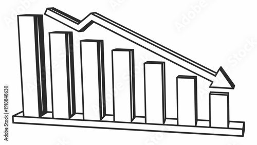 A downward trending bar graph illustration depicting decreasing statistics and data analysis on a plain white background from a straightforward viewpoint
