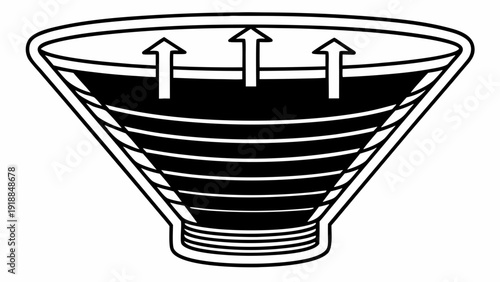 Funnel with arrows pointing upwards inside, viewed from the side, illustrating a process or system