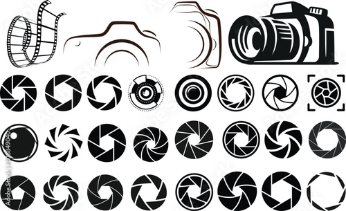 Camera shutter icons set. Camera lens diaphragm. camera shutter and camera lens icon collection. Black white style. lens aperture. Optical photography photography lens icons. vector illustration