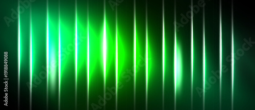 Bright green vertical lines dominate black background. Waveform suggests sound visualization or energy pulse. Gradient creates depth.