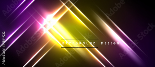 Vibrant neon lines intersect, creating dynamic light effects. Yellow, purple hues dominate dark background. Modern design element.