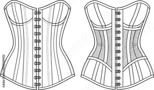 Vector technical flat sketch of women vintage waist training corsets with front busk closure and boning details for fashion design