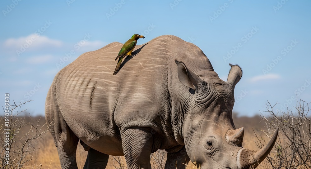 Fototapeta premium Rhinoceros with bird perched on back in savannah
