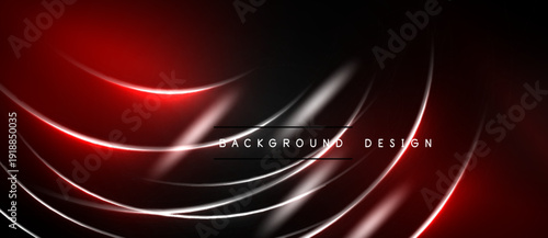 Dark backdrop features dynamic red, white curves. Modern design evokes energy, movement, sleekness. Perfect for presentations, digital art.