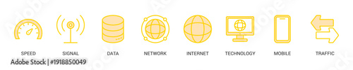 5G Lineal Yellow Icon Set For Web Banner. Vector Illustration Concept With Some Icons. Designed In Lineal Yellow Style
