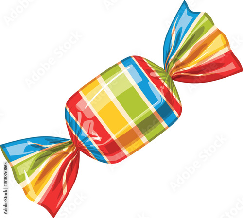 Colorful Wrapped Candy with Plaid Pattern and Twisted Ends Isolated on White Background Sweet Treat