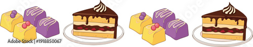 Chocolate cake slice and sweet candy dessert collection with bakery food vector illustration isolated design set