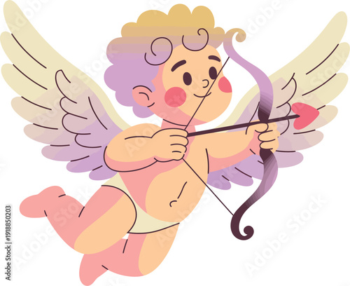 Flying Cupid Angel Aiming Bow and Arrow with Heart Arrow for Valentine's Day Celebration Vector Illustration