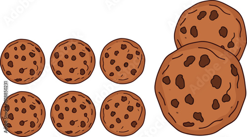 Chocolate chip cookie cartoon icon set sweet bakery dessert vector illustration isolated collection design