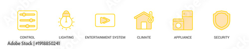 Smart Home Lineal Yellow Icon Set For Web Banner. Vector Illustration Concept With Some Icons. Designed In Lineal Yellow Style