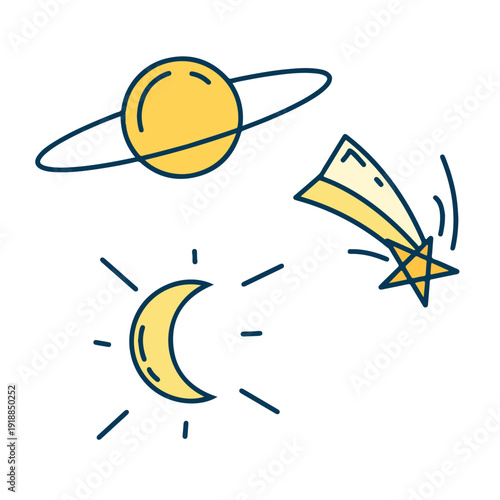 Set of space doodle icons with Saturn planet, crescent moon, and falling star. Minimalist celestial elements vector illustration. Cute hand drawn astronomy collection.