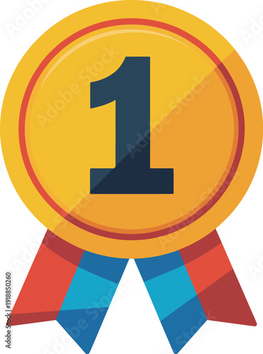 Gold Medal with Number 1 and Ribbons First Place Award Vector Illustration