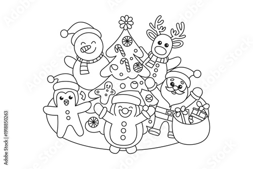 A festive illustration of cartoon Christmas characters gathered around a tree