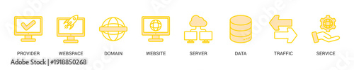 Web Hosting Lineal Yellow Icon Set For Web Banner. Vector Illustration Concept With Some Icons. Designed In Lineal Yellow Style
