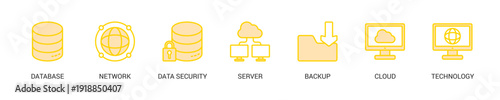 Data Center Lineal Yellow Icon Set For Web Banner. Vector Illustration Concept With Some Icons. Designed In Lineal Yellow Style
