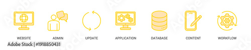 Cms Lineal Yellow Icon Set For Web Banner. Vector Illustration Concept With Some Icons. Designed In Lineal Yellow Style