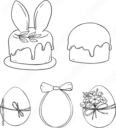 Collection of Easter holiday symbols and decorative elements in a minimalist line art style