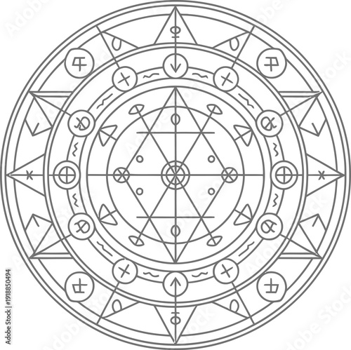 Mystical Alchemy Circle Symbol Vector Graphic with Geometric Patterns and Esoteric Runes for Magic and Fantasy