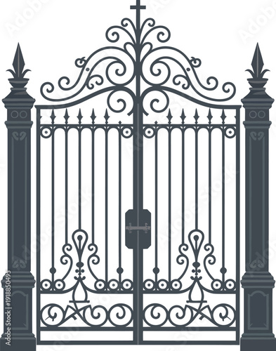 Ornate Wrought Iron Gate with Decorative Scrolls and SpikesClassic Entryway Vector Art