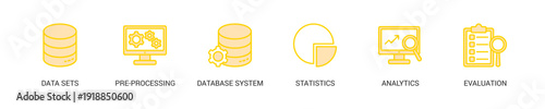 Data Mining Lineal Yellow Icon Set For Web Banner. Vector Illustration Concept With Some Icons. Designed In Lineal Yellow Style
