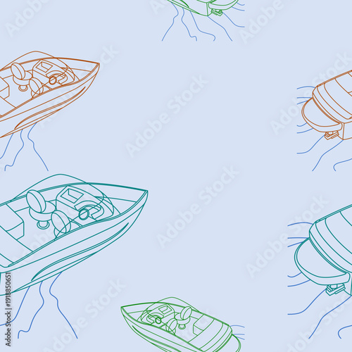 Editable Outline Top Back Oblique View American Bowrider Boats in Various Colors on Water Vector Illustration as Seamless Pattern for Creating Background of Transportation or Recreation Related Design