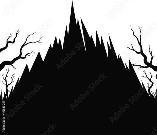 Spooky Mountain Silhouette with Bare Trees and Grass Vector Illustration Halloween Theme