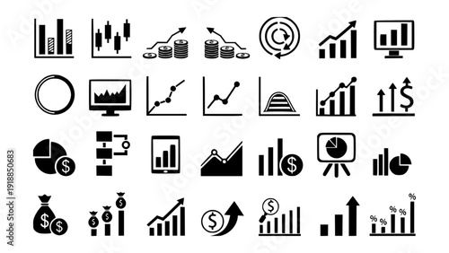 Collection of black business analytics and growth icons including charts, graphs, statistics, financial reports, and performance indicators. Suitable for web, apps, presentations, and infographics.
