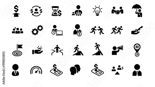 Black business process and workflow icons including automation, strategy planning, task management, and productivity symbols.