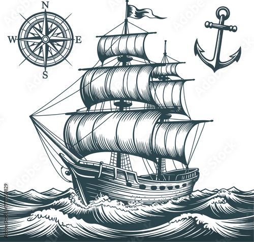Vintage Sailing Ship on Waves with Compass and Anchor Nautical Adventure Vector