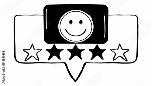 A simple black and white illustration of a smiley face in a camera lens with a five-star rating in a speech bubble
