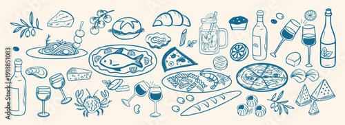 food Ingredients for restaurant dinner Vector illustration line art.  Hand drawn chalk food illustrations. Vector illustration