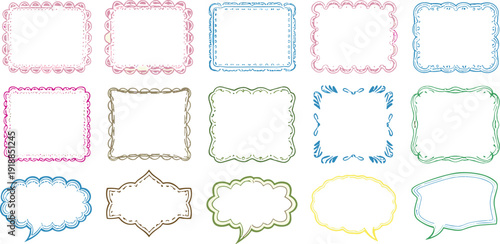 Colorful decorative frames and speech bubble labels collection with ornamental borders vector illustration isolated design set
