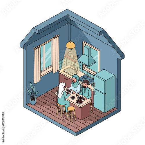 Isometric Kitchen Scene with People Cooking Together.