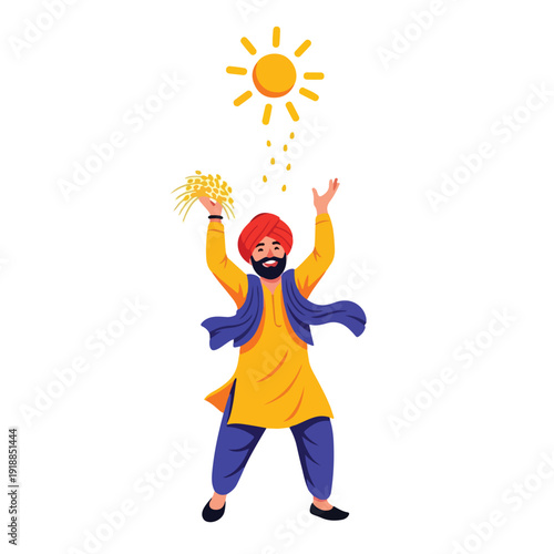 Illustration of a joyful man in traditional Indian clothing throwing flowers towards the sun with a colorful and lively composition.