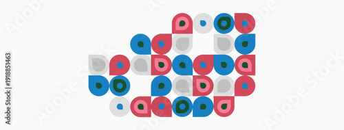 Abstract circles, varying colors, gray background. Shapes create dense pattern, simple design, modern aesthetic.