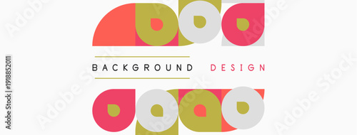 Abstract geometric shapes repeat. Pink, olive, gray circles form pattern over white background. Text reads background design.